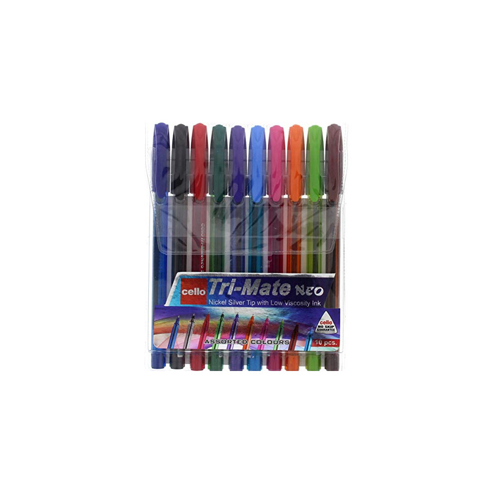 Cello Tri-mate Neo Medium Rainbow Ballpoint Pen, Assorted Colours Biro, Coloured Pens | Fun Colours | Pack of 10