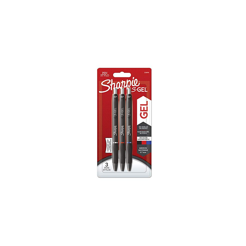 Sharpie S-Gel | Gel Pens | Medium Point (0.7mm) | Black, Red & Blue Ink | 3 Count