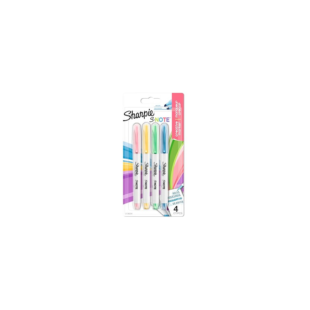 Sharpie S-Note Highlighter Pens | Part Art Marker Pen, Part Highlighter to Draw, Write & More | Assorted Pastel Colours | Chisel Tip | 4 Count