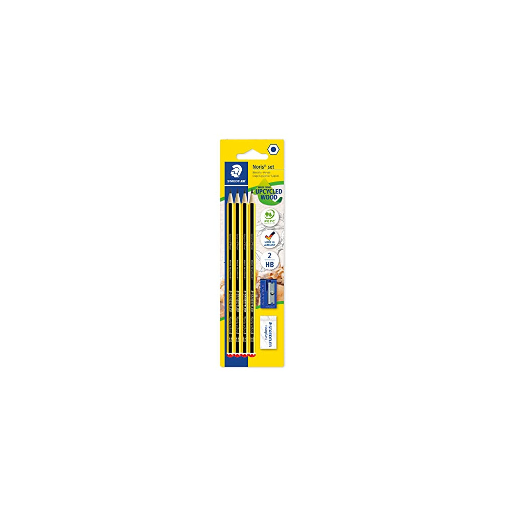 STAEDTLER 121S1 BK4D Noris School Graphite Pencils - HB Degree (Pack of 4 Pencils, Sharpener + Eraser), Black