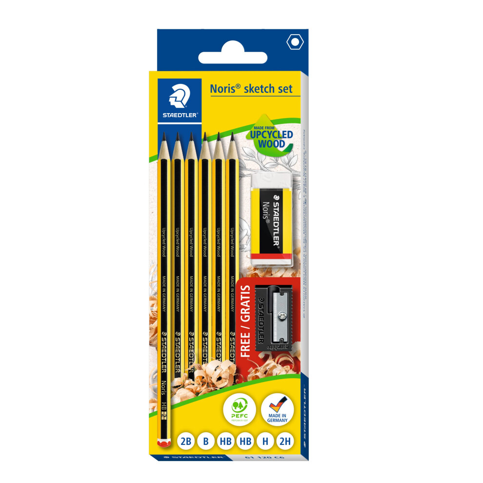 STAEDTLER 61 120 C6 Noris Graphite Pencils - Sketch Set (Pack of 6 Pencils in Assorted Grades, Eraser & FREE Sharpener)