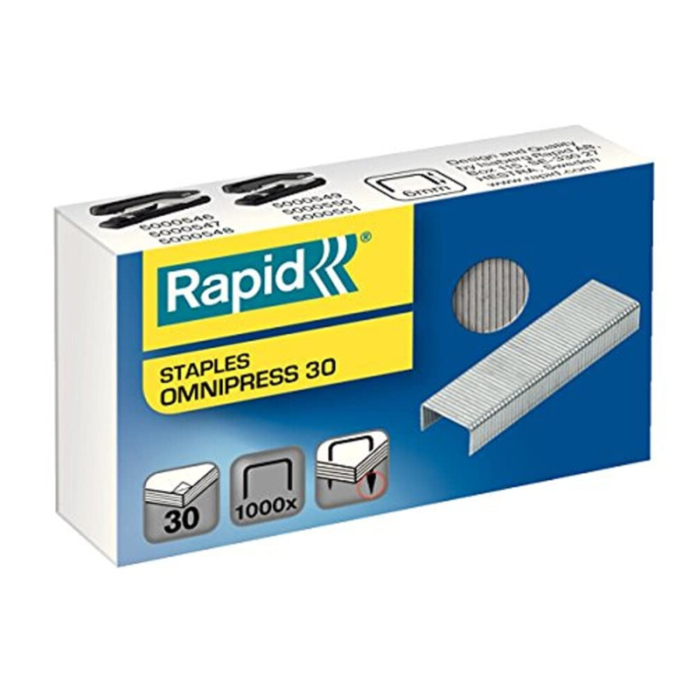 Rapid Omnipress 30 Staples, For Stapling up to 30 Sheets, Use with Omnipress Staplers, Galvanised Wire, Box of 1000, 5000559