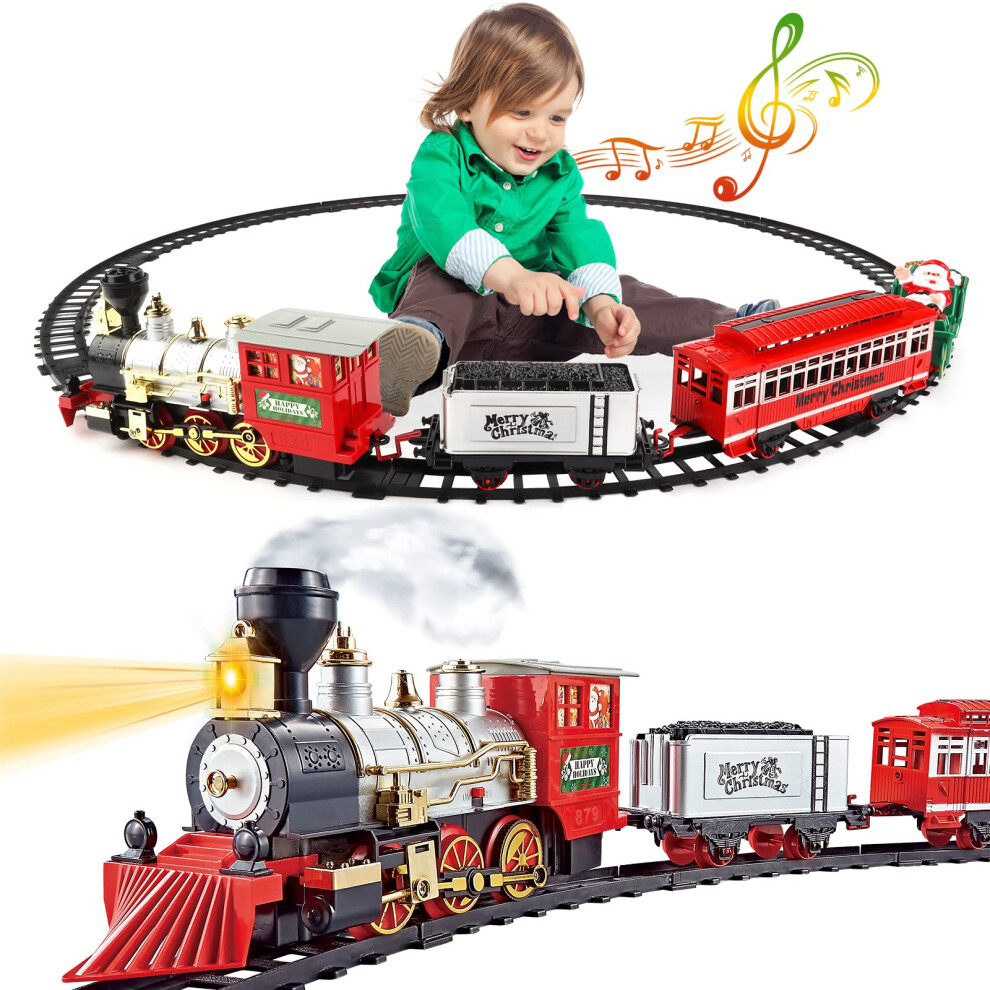 deAO Christmas Train Set with Light & Sounds, Smoke Effect, Christmas Tree Train Set Around the Tree, Electric Train Sets for Kids, Toy Train Set,