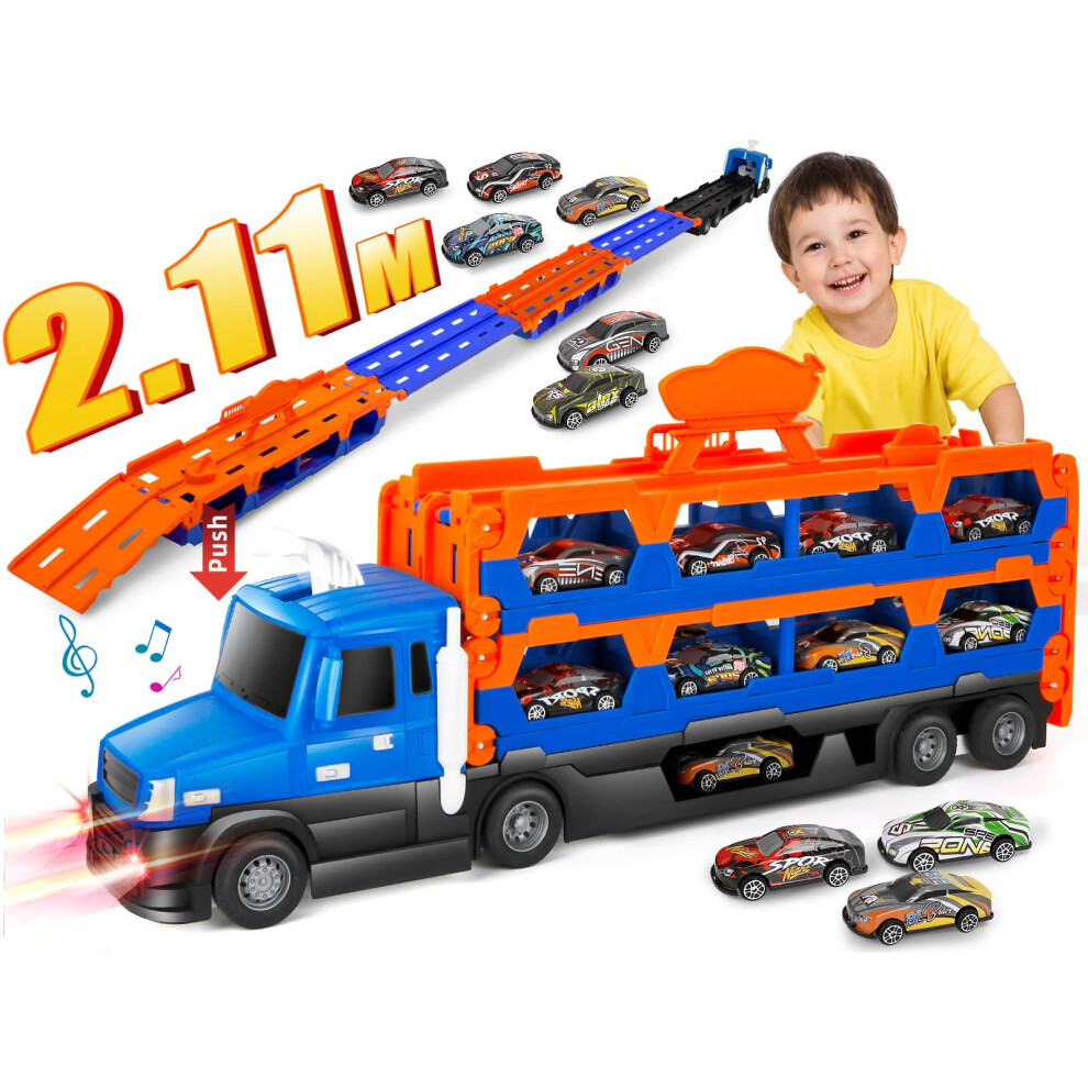 m zimoon Transport Truck Toys Cars for Boys Ages 3 4 5 6 with 83-Inch Ejection Race Track, Toddler Car Toys with 10 Race Cars, Best Gift Transport