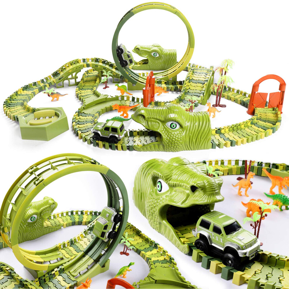 burgkidz Dinosaur Race Tracks Play Vehicles Toys Set, 387 Pcs Flexible Dinos Train Tracks with 360 Loop and Auto Turntable Playset, 2 Race Cars and 6