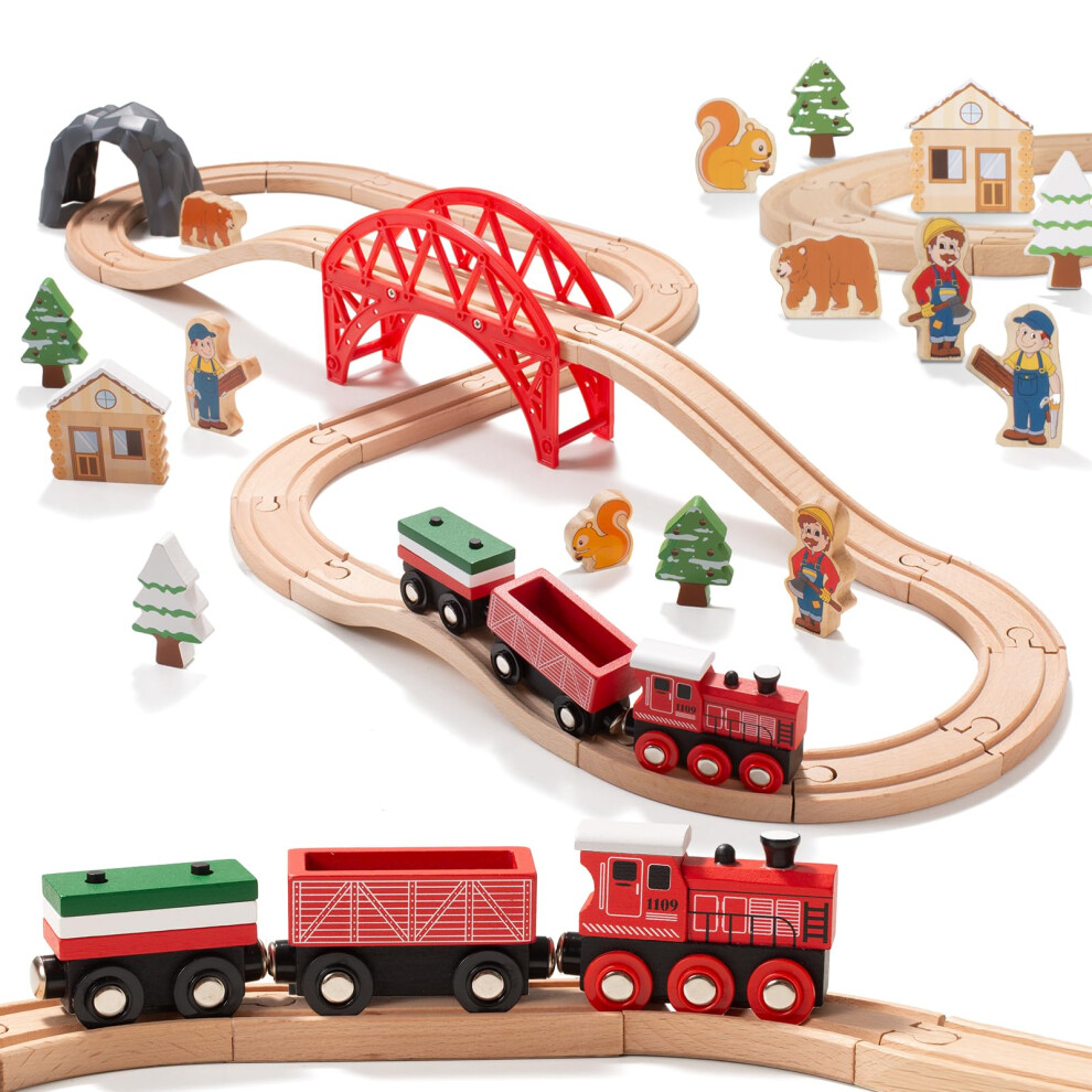 Giant bean Forest Theme Wooden Train Set for Toddler- 36PCS Expandable & Changeable Wooden Train Tracks Toy, for Kids Boys and Girls 3-7, Fits for