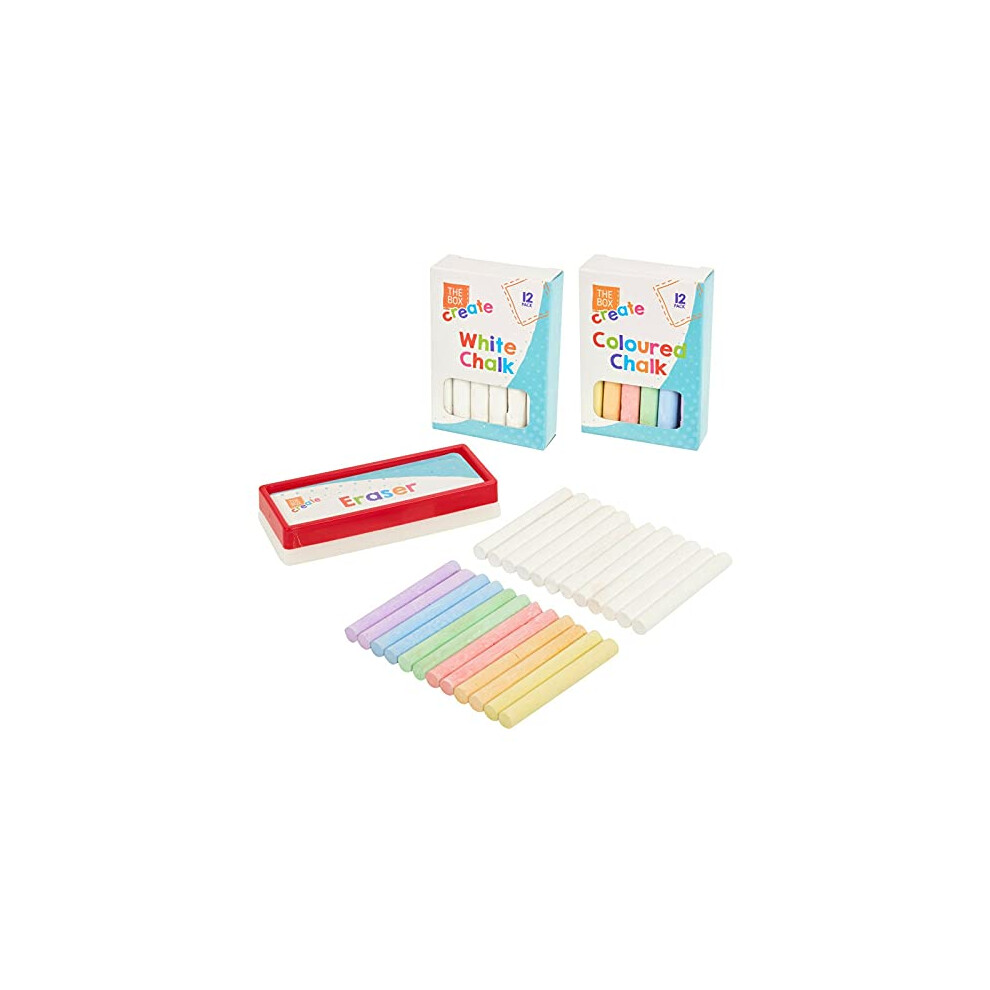 Chalk & Eraser Set, White and Multicolour Chalkboard and Pavement Chalk and Sponge Eraser, Ideal for Blackboard Drawing, Classroom, Playground, Pub