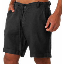(Black, XXL) Cotton Mens Linen Beach Shorts Elasticated Waist Dstring Casual Summer Pants