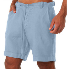 (Blue, XL) Cotton Mens Linen Beach Shorts Elasticated Waist Dstring Casual Summer Pants