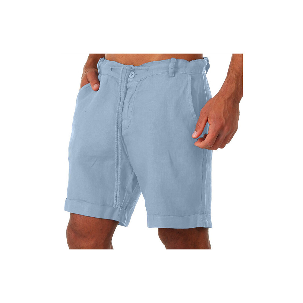 (Blue, XL) Cotton Mens Linen Beach Shorts Elasticated Waist Dstring Casual Summer Pants