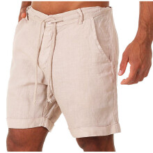 (Khaki, 4XL) Cotton Mens Linen Beach Shorts Elasticated Waist Dstring Casual Summer Pants
