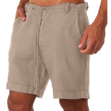 (Brown, XXL) Cotton Mens Linen Beach Shorts Elasticated Waist Dstring Casual Summer Pants