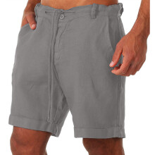 (Grey, XXL) Cotton Mens Linen Beach Shorts Elasticated Waist Dstring Casual Summer Pants