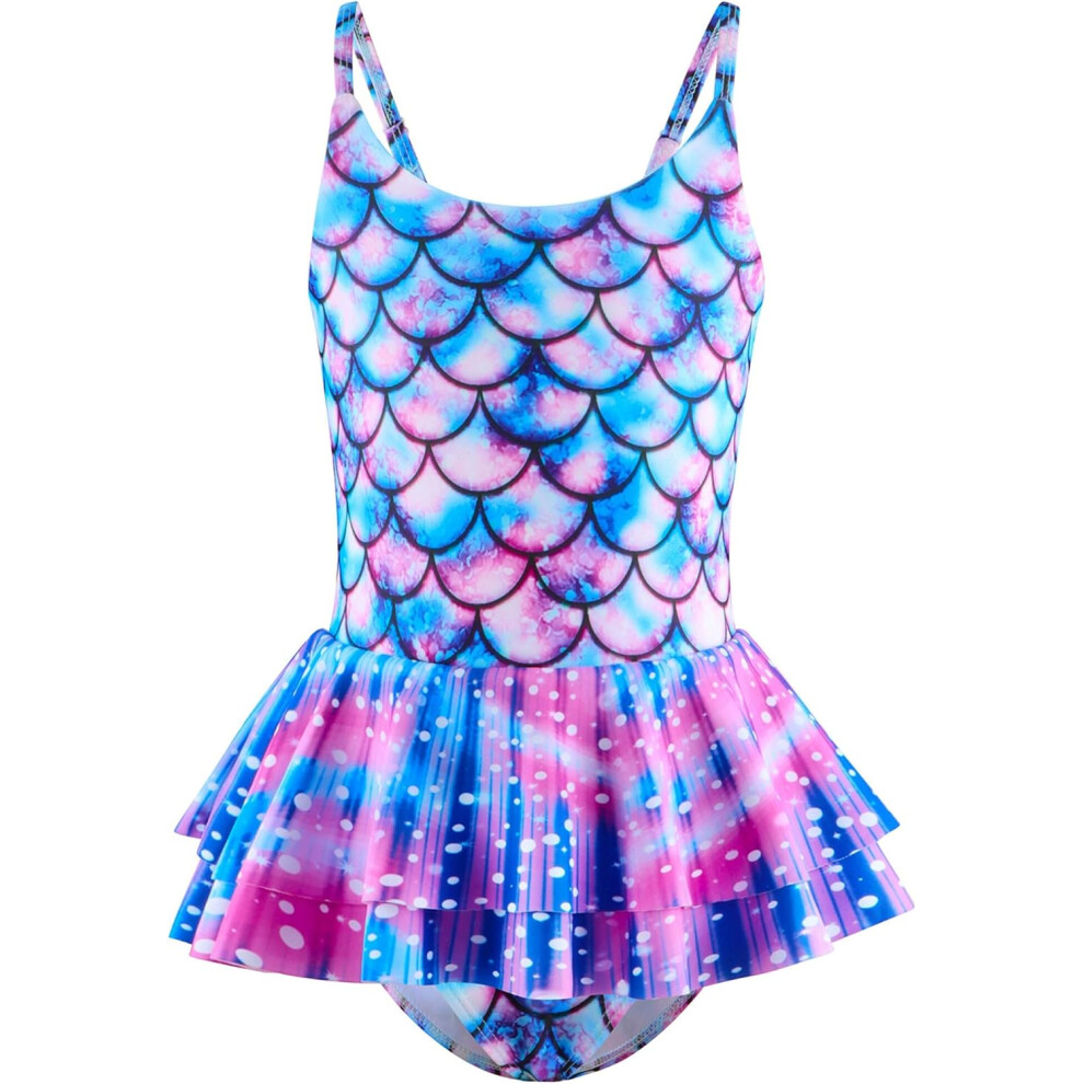 (140CM, Pattern B) Girls One Piece Mermaid Swimsuit with Ruffle Skirt Summer Cute Adjustable Strap Bathing Suit-image-OPC-PF8RKPH-NEW