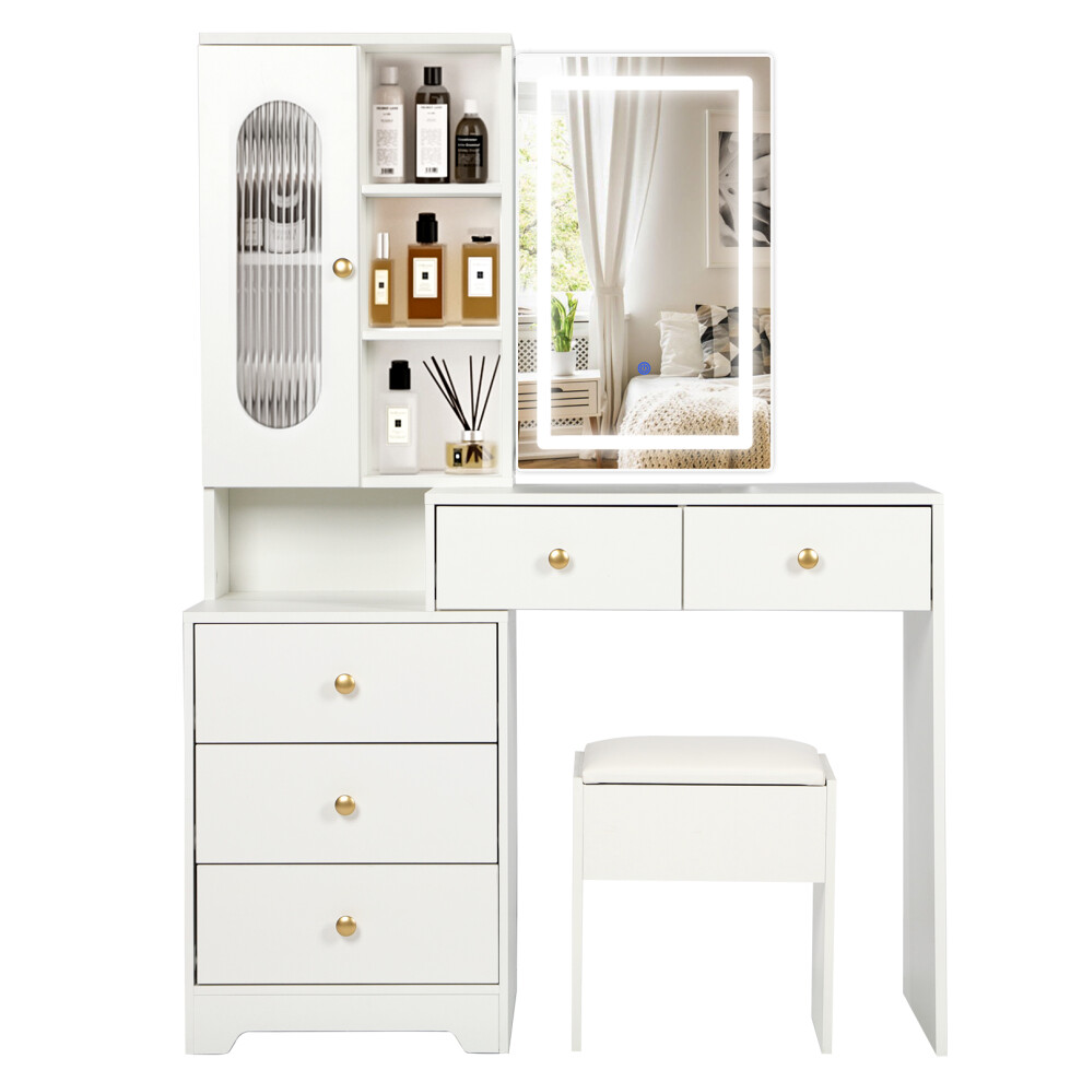 Dressing Table and Stool Set with Sliding LED Lights Mirror, Modern Vanity Table Makeup Desk with 5 Shelves & 5 Drawers