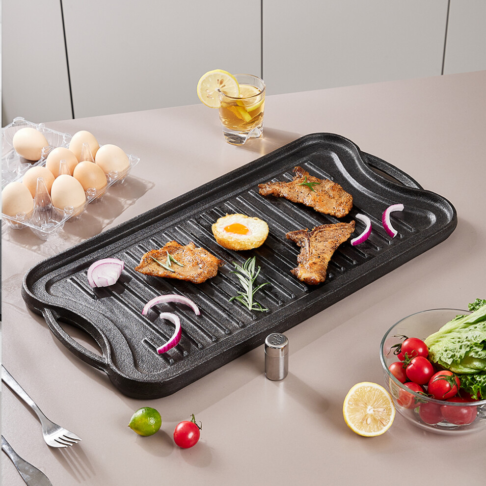 (53*26.5*2cm) Dual Handles Reversible Cast Iron Griddle Pan Ridged/Flat Texture Double Sided Grill Pan Garden BBQ Versatile Frying Grill Pan