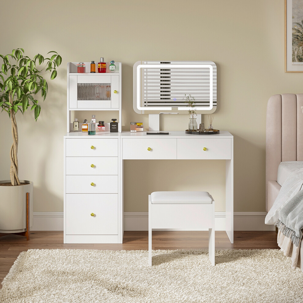 Dressing Table with Mirror and Stool Set, Modern Vanity Desk Makeup Table with Lights Mirror Color & Height Adjustable