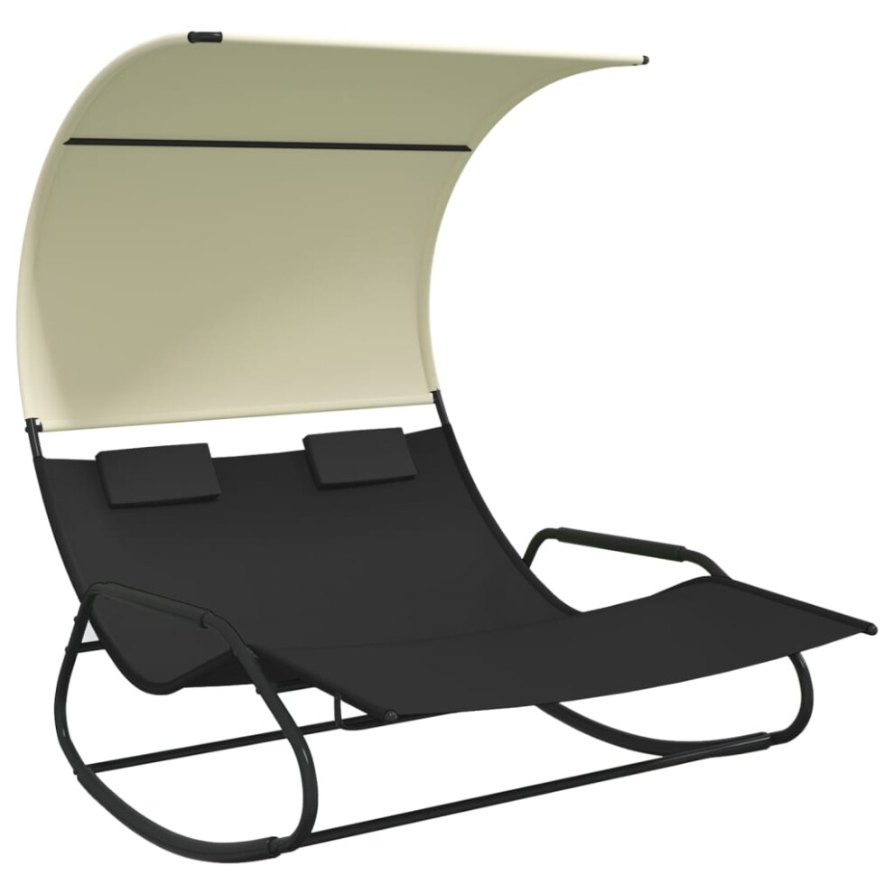 (black) vidaXL Rocking Double Sun Lounger with Canopy Garden Sun Bed Outdoor Day Bed