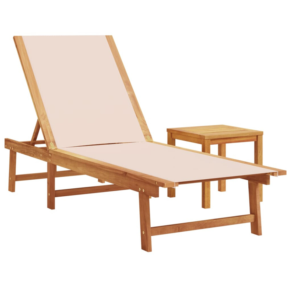 Vidaxl (Cream, Sun Lounger + Table) Sun Lounger Bed Outdoor Garden Recliner Solid Acacia Wood And Textilene