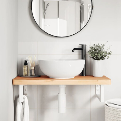 VidaXL vidaXL Basin Shelf Wall Mounted Bathroom Countertop Steel and Solid Wood Beech 2