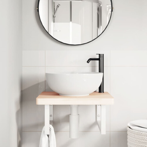 VidaXL vidaXL Basin Shelf Wall Mounted Bathroom Countertop Steel and Solid Wood Beech 2