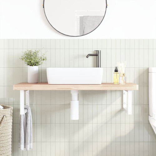 VidaXL vidaXL Basin Shelf Wall Mounted Bathroom Countertop Steel and Solid Wood Beech 2