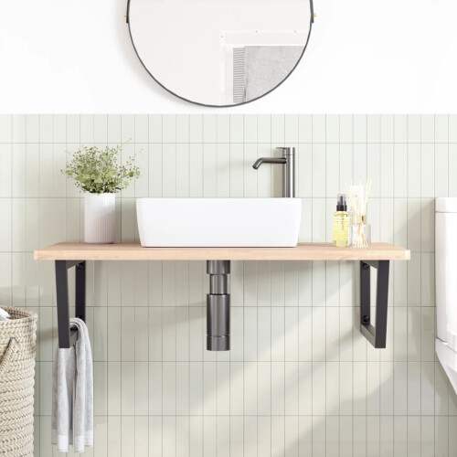 VidaXL vidaXL Basin Shelf Wall Mounted Bathroom Countertop Steel and Solid Wood Beech 2