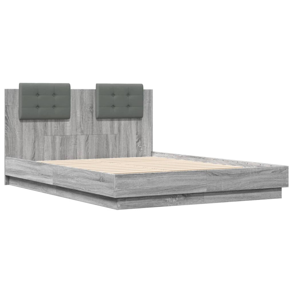 vidaXL Bed Frame with Headboard Grey Sonoma 135x190 cm Double Engineered Wood