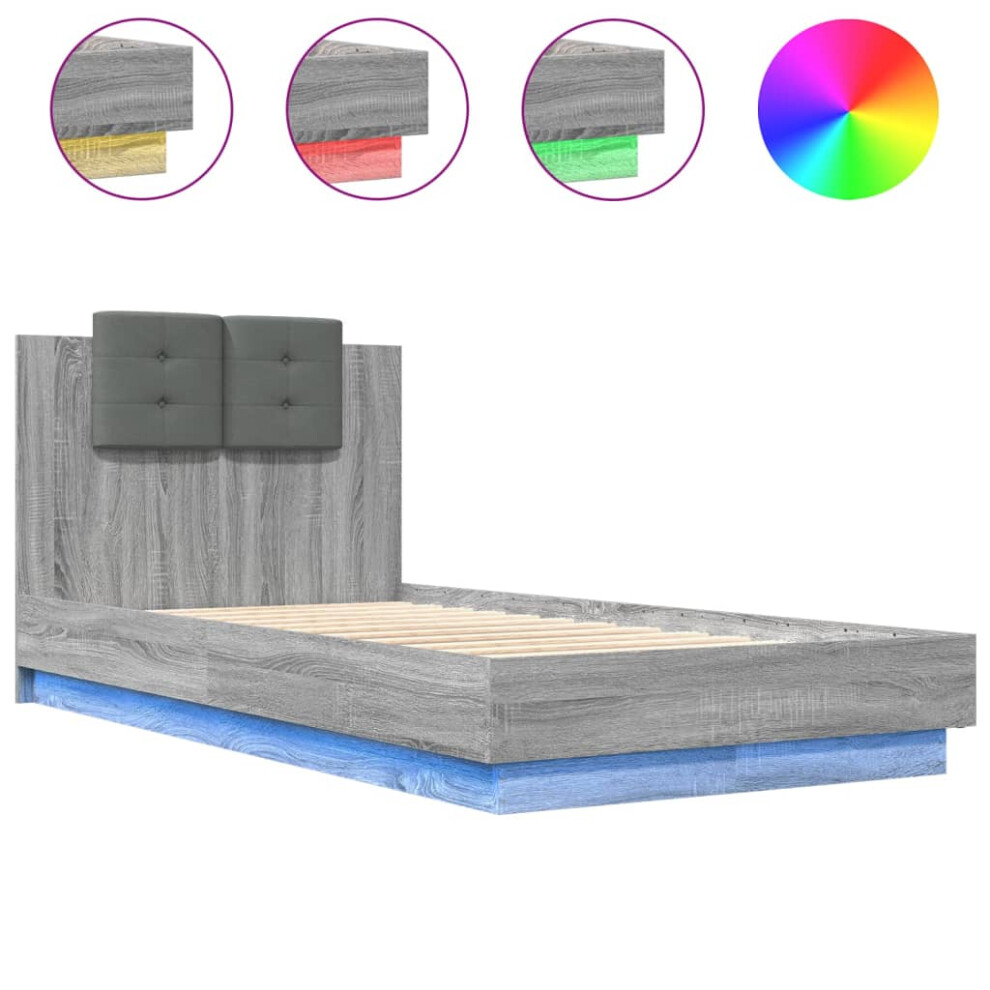 vidaXL Bed Frame with Headboard and LED Lights Bed Grey Sonoma Small Single