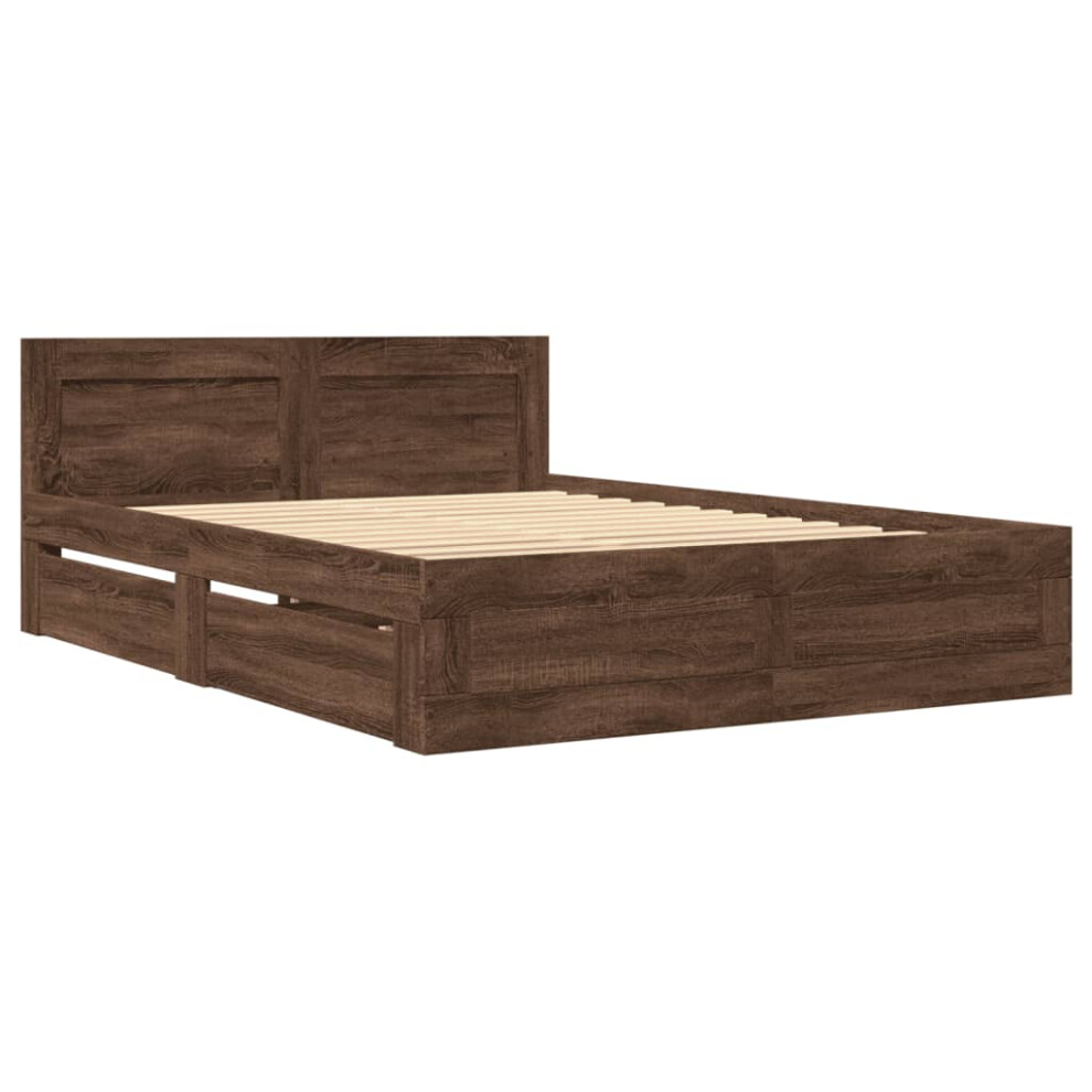 vidaXL Bed Frame with Headboard - Brown Oak Engineered Wood, Small Double 120x190 cm with Slatted Base & Drawer Storage