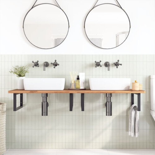 VidaXL vidaXL Basin Shelf Wall Mounted Bathroom Countertop Steel and Solid Wood Beech 2