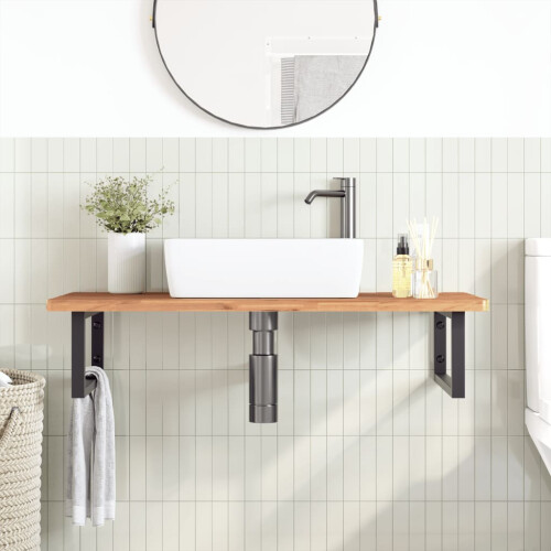VidaXL vidaXL Basin Shelf Wall Mounted Bathroom Countertop Steel and Solid Wood Beech 2
