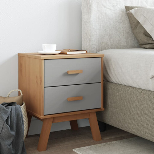 VidaXL vidaXL Bedside Cabinet Nightstand Bed Table Grey and Brown Solid Wood Pine 2