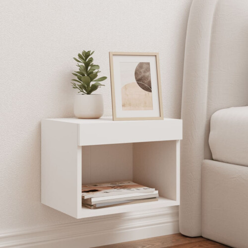 VidaXL vidaXL Bedside Cabinet with LED Lights Wall-mounted Nightstand Bed Table White 2