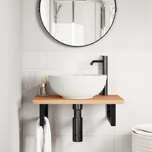 VidaXL vidaXL Basin Shelf Wall Mounted Bathroom Countertop Steel and Solid Wood Beech 2