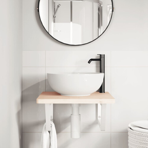 VidaXL vidaXL Basin Shelf Wall Mounted Bathroom Countertop Steel and Solid Wood Beech 2