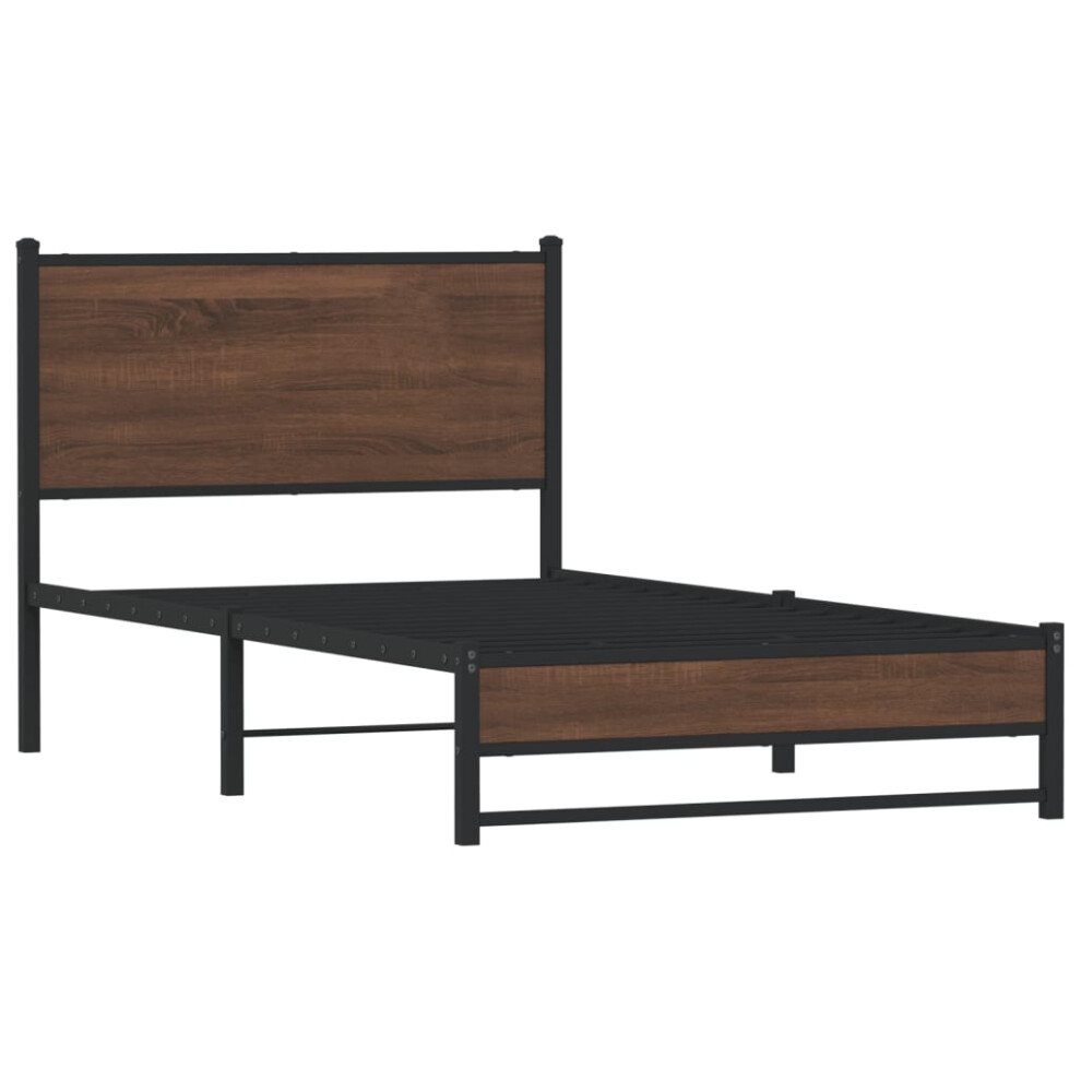 Vidaxl Metal Bed Frame With Headboard Bed Base Bedstead Brown Oak 107X203 Cm