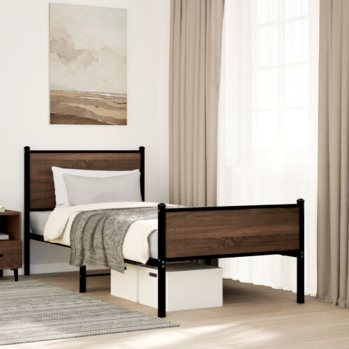VidaXL vidaXL Metal Bed Frame with Headboard and Footboard Brown Oak Small Single 2