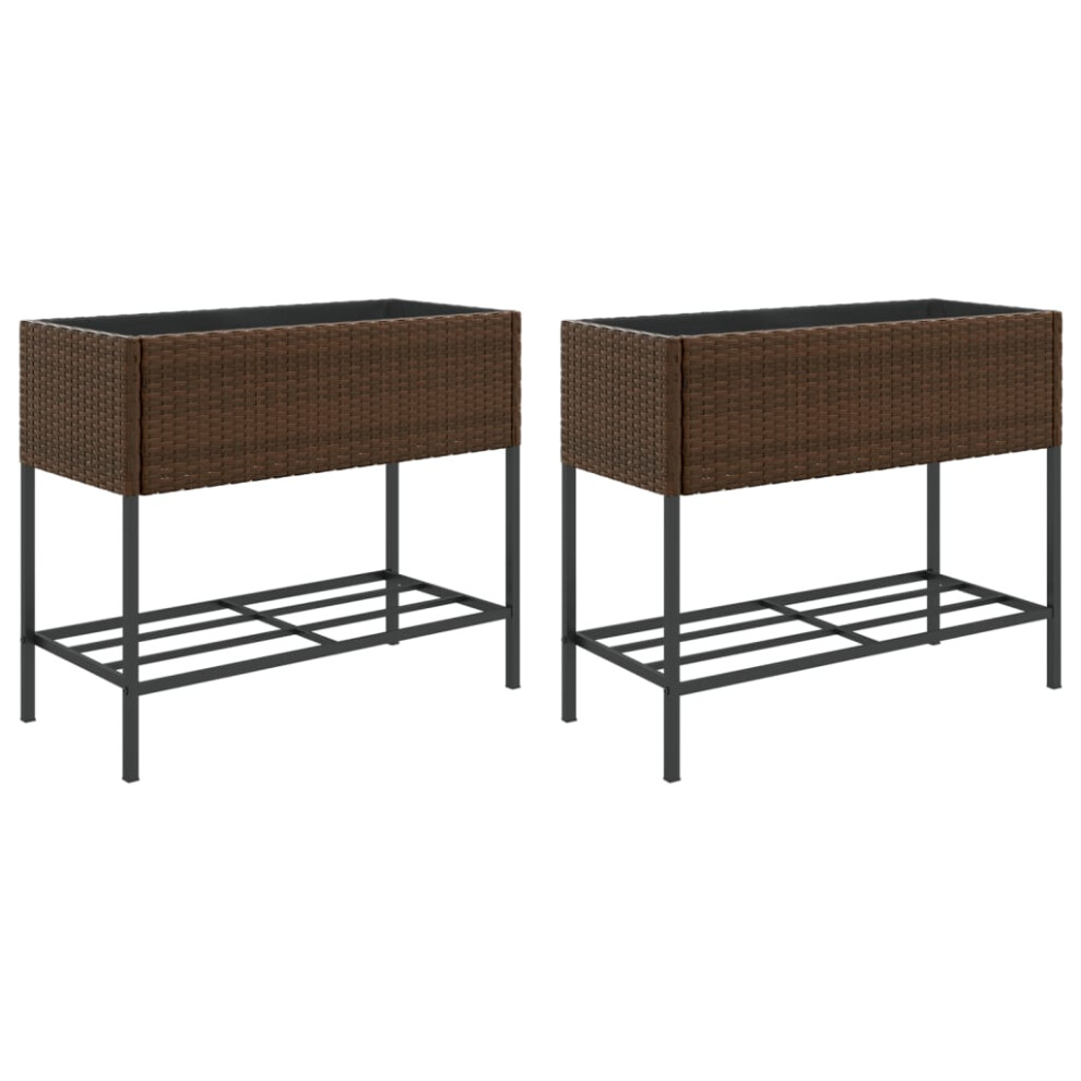 Vidaxl Garden Planters With Shelf Flower Pot Plant Pot 2 Pcs Brown Poly Rattan