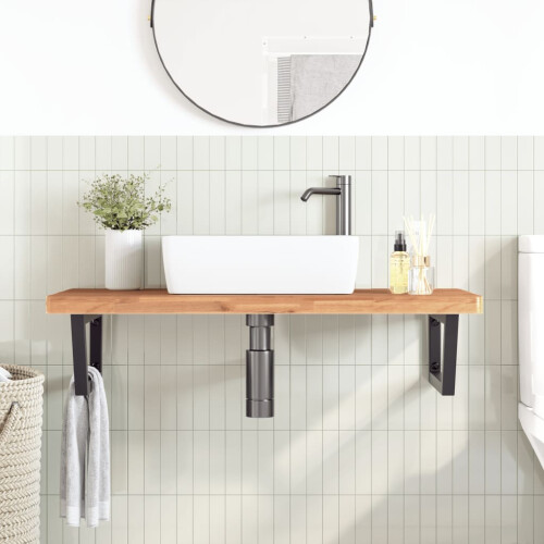 VidaXL vidaXL Basin Shelf Wall Mounted Bathroom Countertop Steel and Solid Wood Beech 2