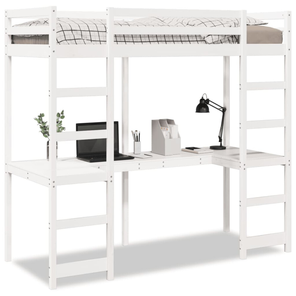 vidaXL Loft Bed Frame with Desk Kids Bunk Bed White 75x190 cm Solid Wood Pine