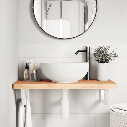 VidaXL vidaXL Basin Shelf Wall Mounted Bathroom Countertop Steel and Solid Wood Beech 2
