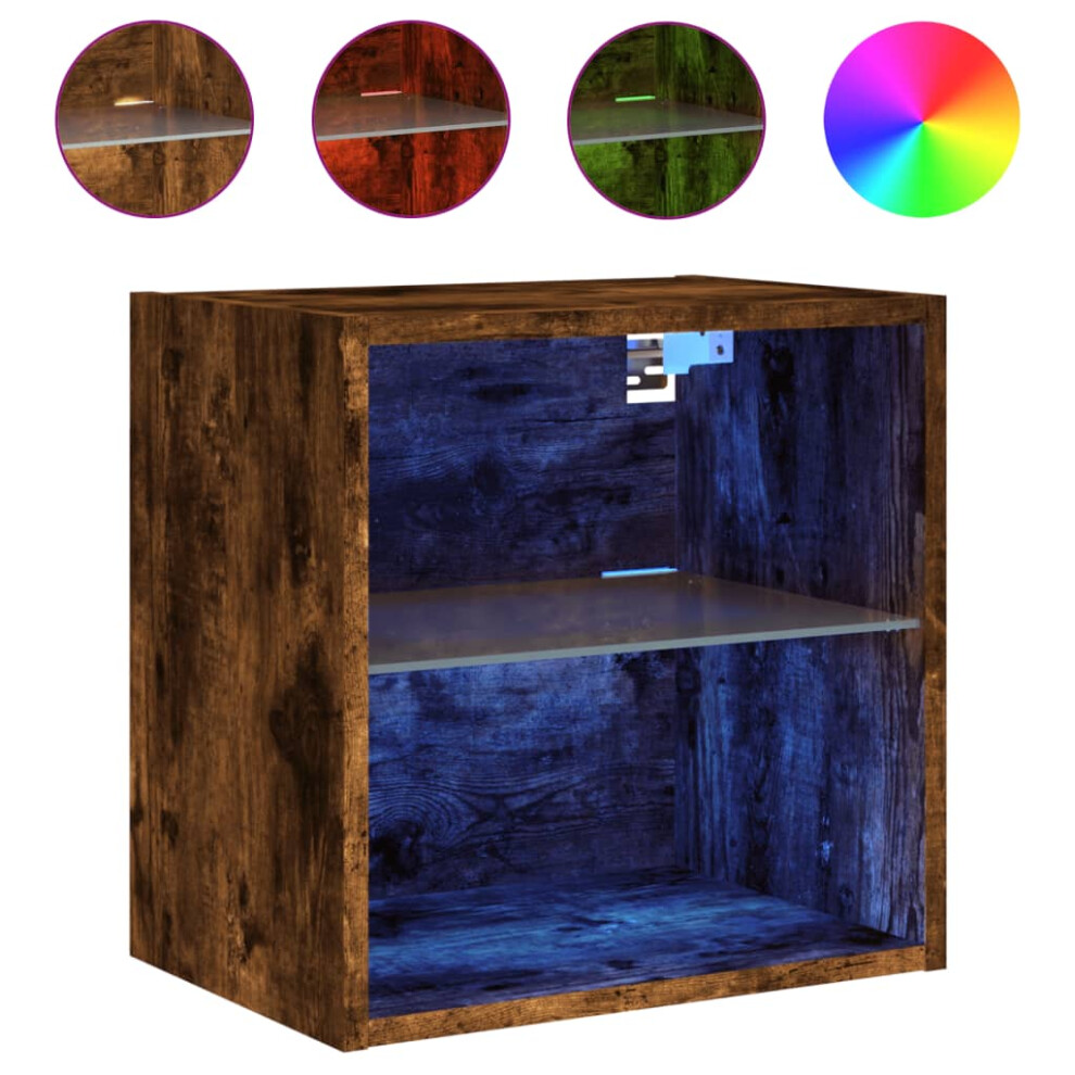 Vidaxl Bedside Cabinet With Led Lights Wall-Mounted Nightstand Smoked Oak