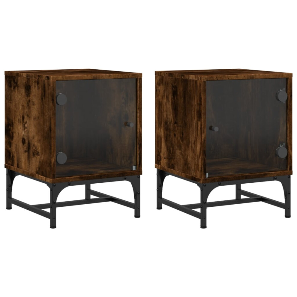 Vidaxl Bedside Cabinets With Glass Doors Nightstand End Table 2 Pcs Smoked Oak