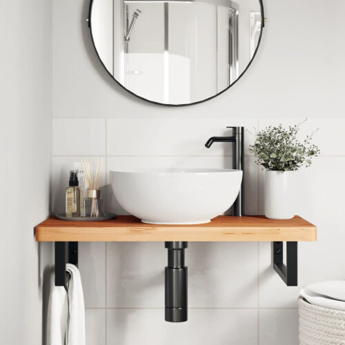 VidaXL vidaXL Basin Shelf Wall Mounted Bathroom Countertop Steel and Solid Wood Beech 2
