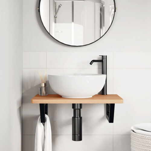 VidaXL vidaXL Basin Shelf Wall Mounted Bathroom Countertop Steel and Solid Wood Beech 2