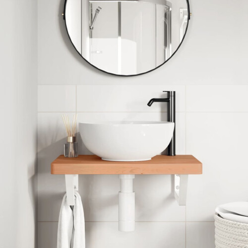 VidaXL vidaXL Basin Shelf Wall Mounted Bathroom Countertop Steel and Solid Wood Beech 2