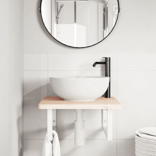 VidaXL vidaXL Basin Shelf Wall Mounted Bathroom Countertop Steel and Solid Wood Beech 2