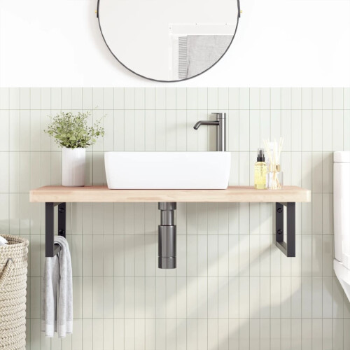 VidaXL vidaXL Basin Shelf Wall Mounted Bathroom Countertop Steel and Solid Wood Beech 2