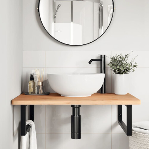 VidaXL vidaXL Basin Shelf Wall Mounted Bathroom Countertop Steel and Solid Wood Beech 2